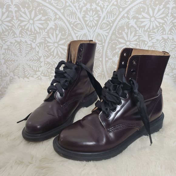 Dr. Martens Made in England Cherry Red Lace Up Combat Boots - Picture 1 of 16